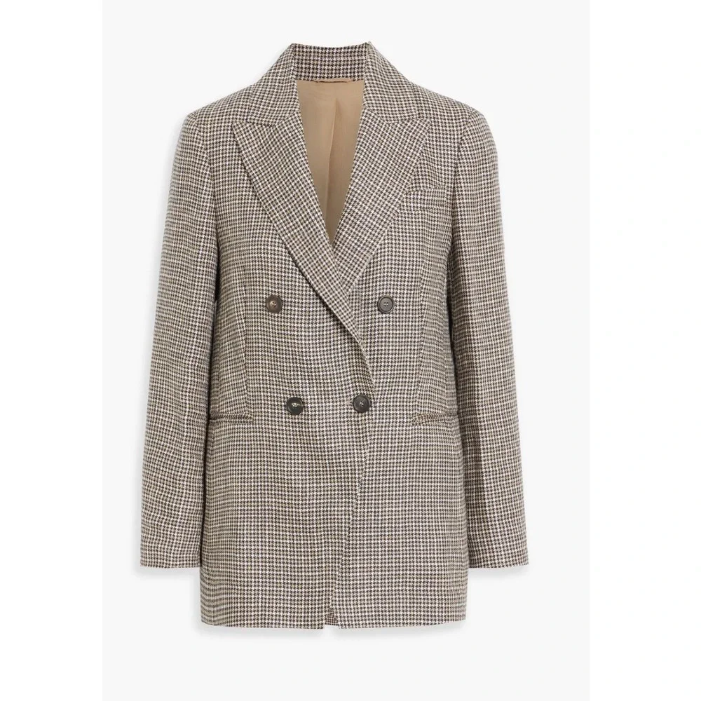 New Brunello Cucinelli Blazer Women Tan Gold 44 8 Houndstooth Old Money  Linen‎